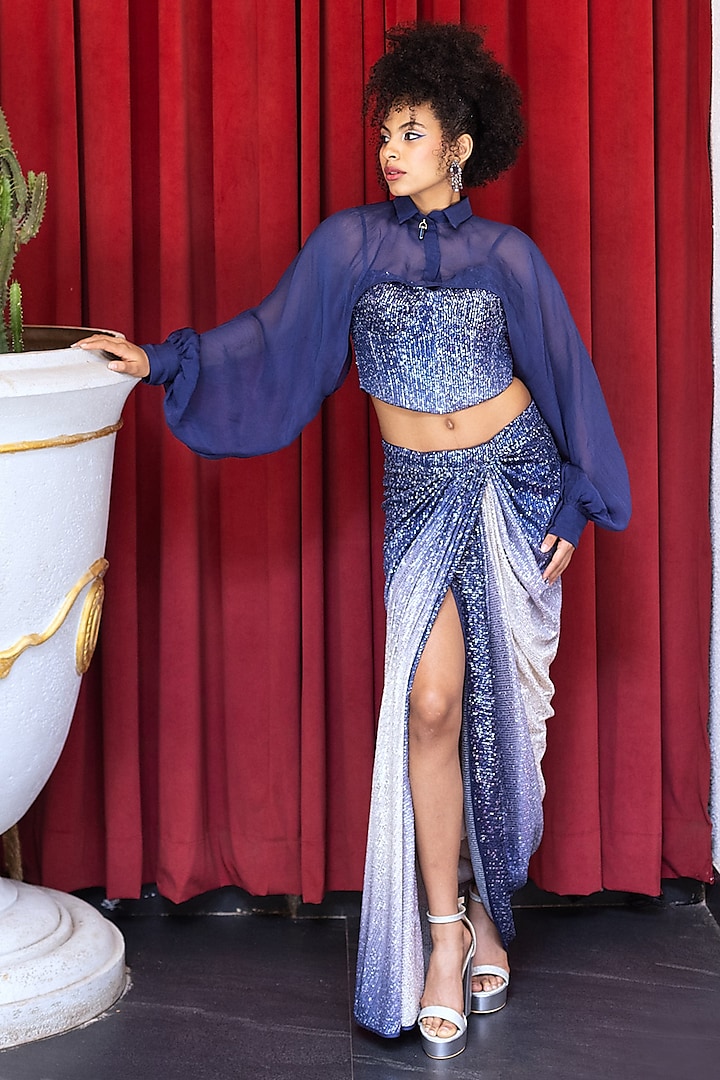 Midnight Blue Ombre Spandex Sequins Draped Skirt Set by Pooja Bagaria