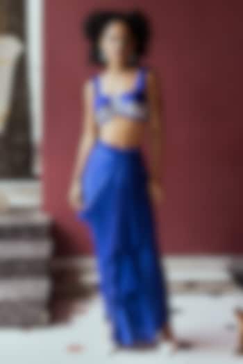 Electric Blue Satin Draped Skirt Set by Pooja Bagaria