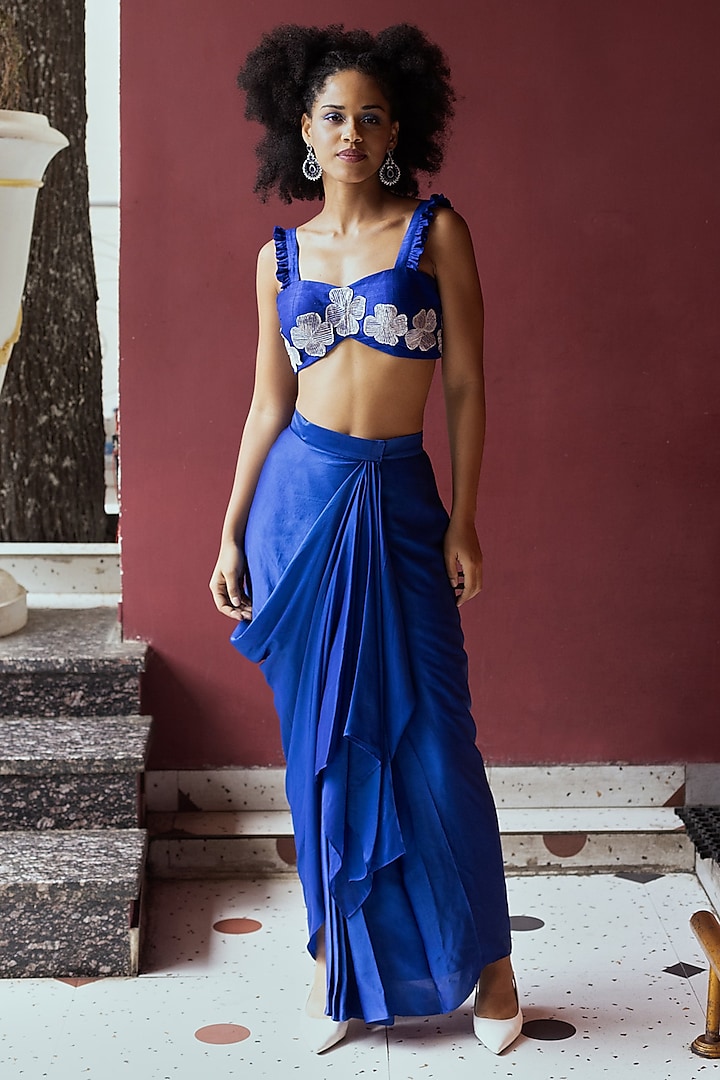 Electric Blue Satin Draped Skirt Set by Pooja Bagaria