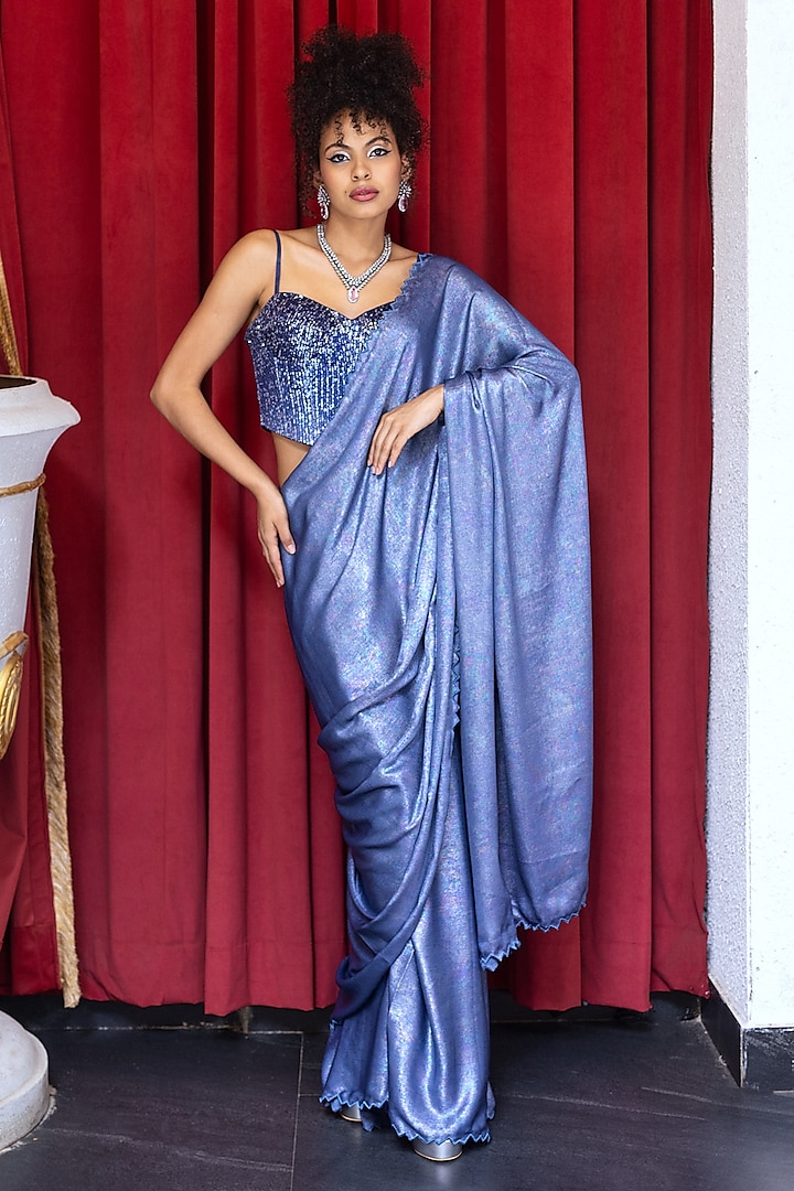 Midnight Blue Shimmer Satin Saree Set by Pooja Bagaria at Pernia's Pop Up Shop