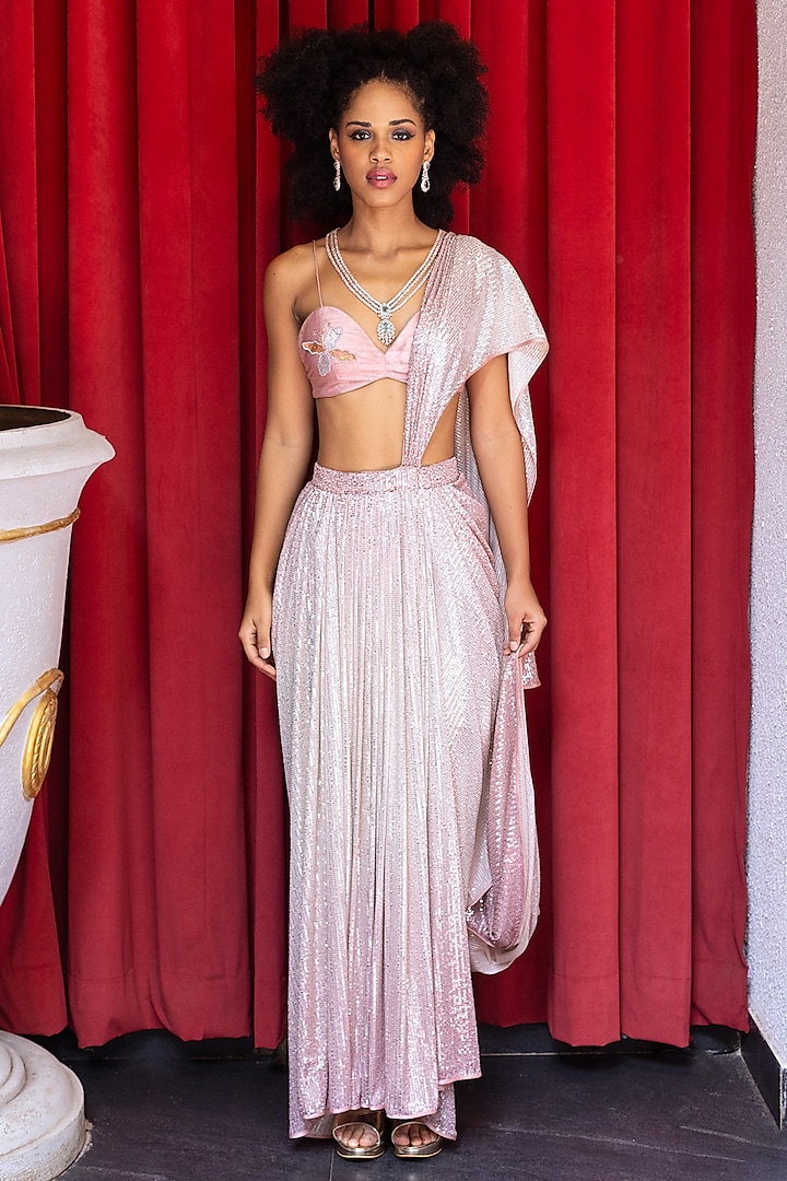 Blush Pink Ombre Spandex Draped Skirt Saree Set by Pooja Bagaria