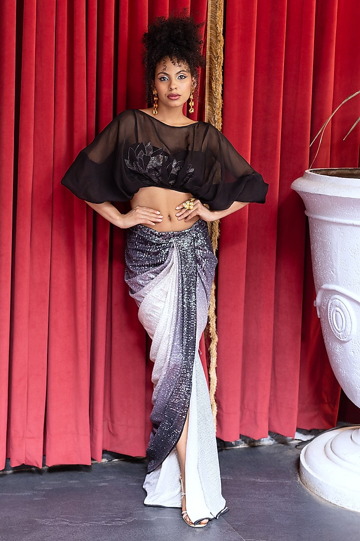 Black Ombre Spandex Sequins Draped Skirt Set by Pooja Bagaria