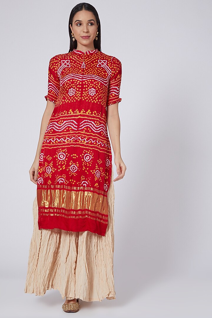 Red Bandhani Printed Tunic by Pooja Bagaria at Pernia's Pop Up Shop