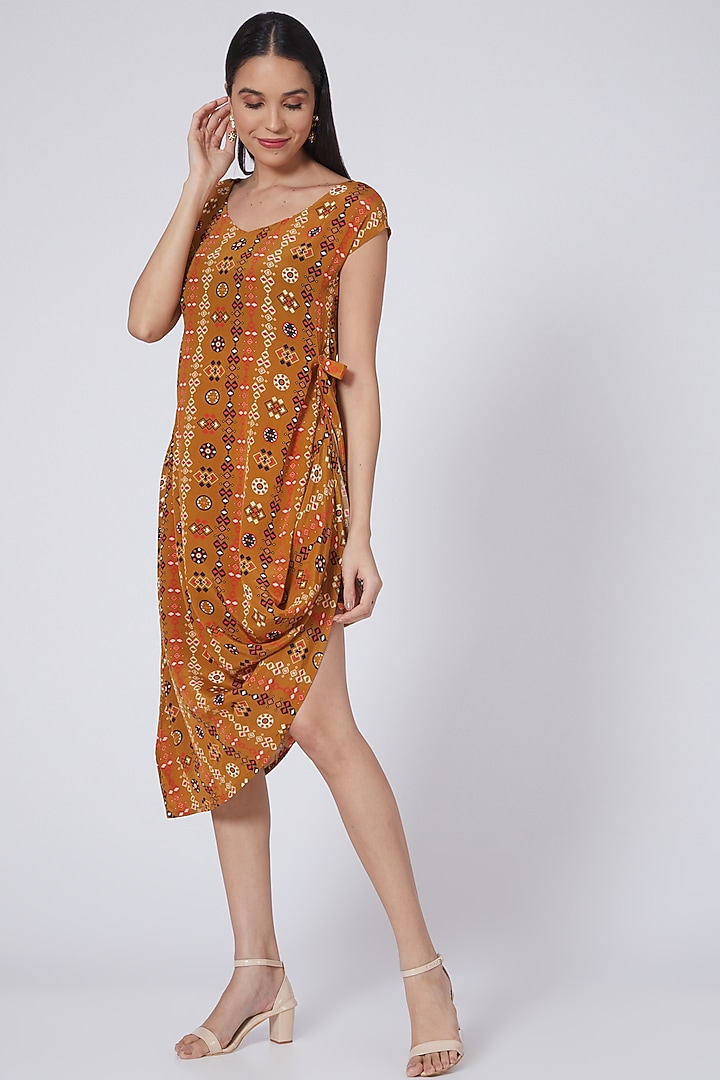 Mustard Printed Draped Maxi Summer Dress by Pooja Bagaria at Pernia's Pop Up Shop