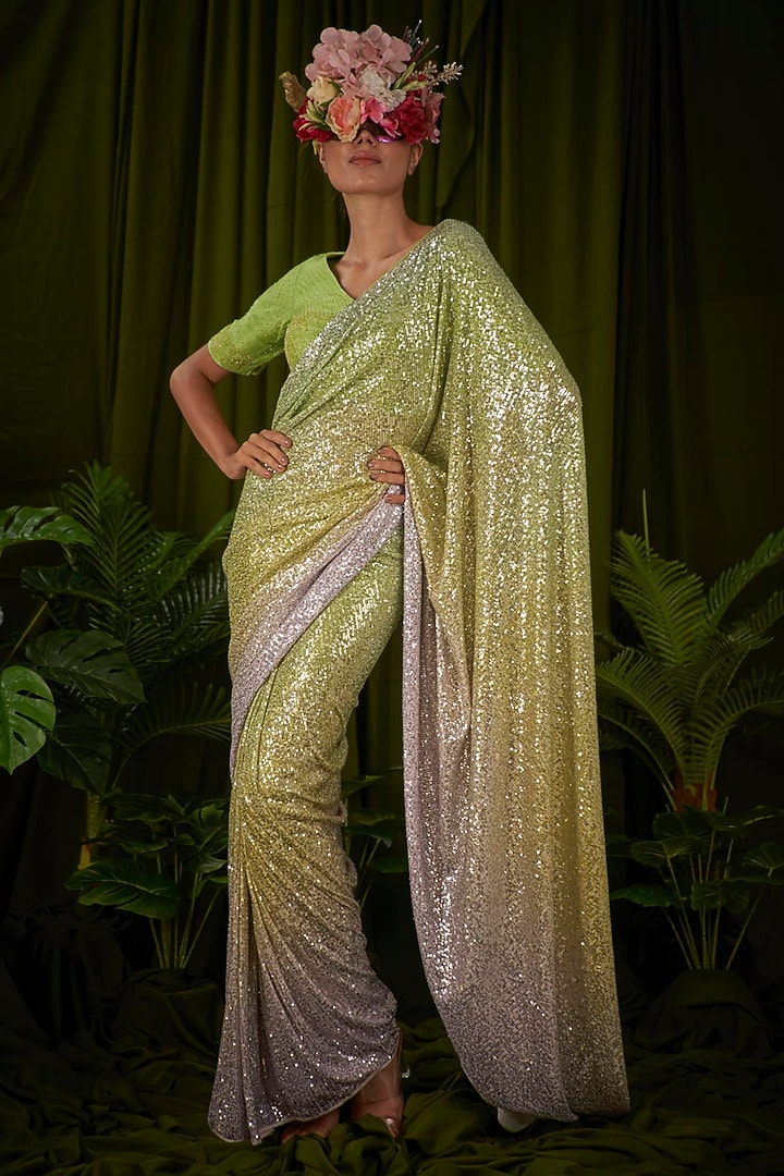 Green & Yellow Sequin Stretch Pre-Stitched Party Wear Saree Set by Pooja Bagaria at Pernia's Pop Up Shop