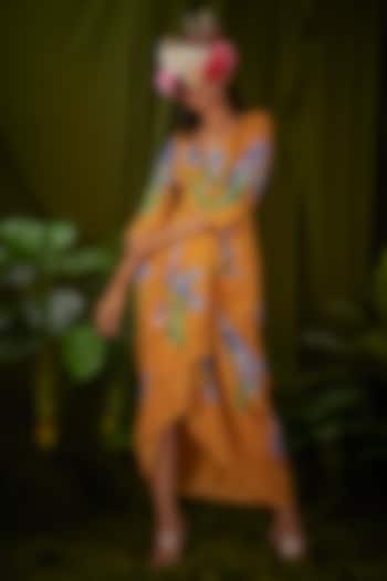 Yellow Upada Silk Printed Draped Dress by Pooja Bagaria at Pernia's Pop Up Shop