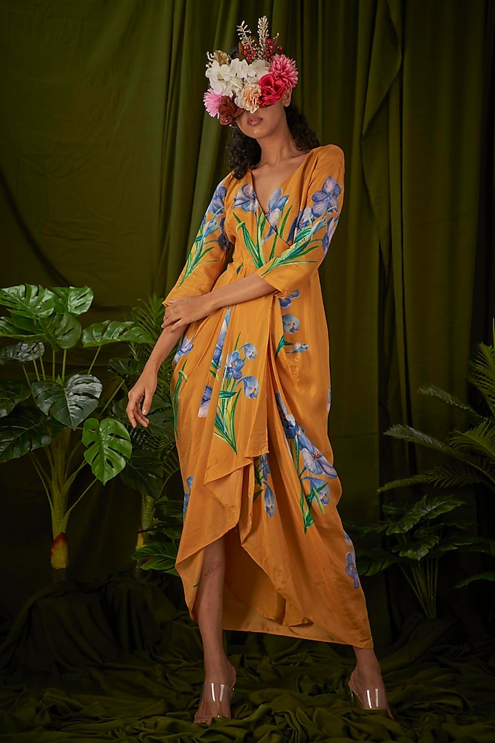 Yellow Upada Silk Printed Draped Dress by Pooja Bagaria at Pernia's Pop Up Shop