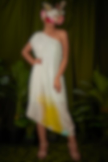 White & Yellow Upada Silk One-Shoulder Draped Dress by Pooja Bagaria