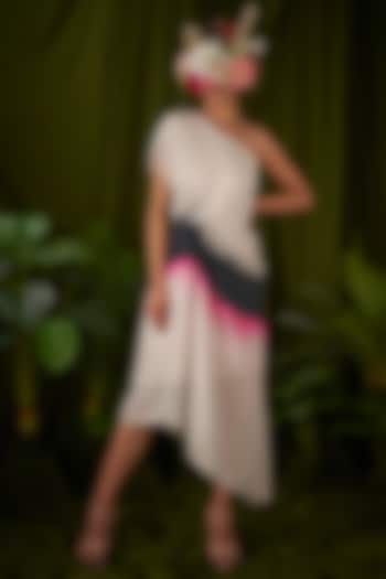 White Upada Silk One-Shoulder Draped Summer Dress by Pooja Bagaria at Pernia's Pop Up Shop