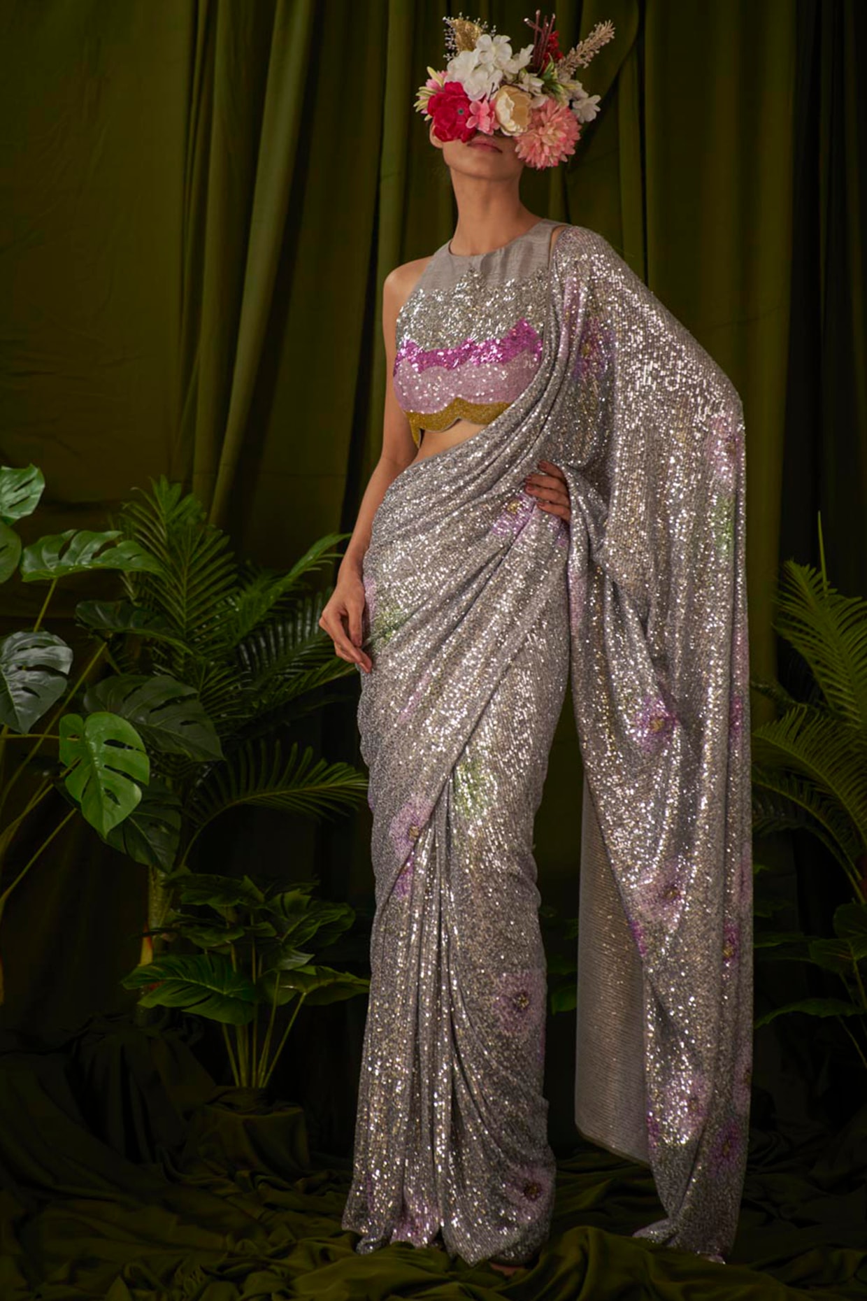 Beautifully Contrasted Gray & Gold Sequin Saree – Tirumala Designers