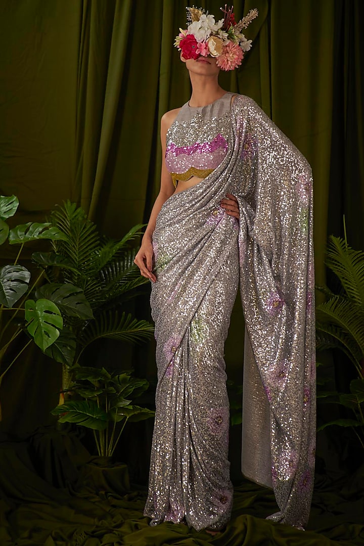 Silver Sequins Floral Printed Pre-Stitched Saree Set by Pooja Bagaria
