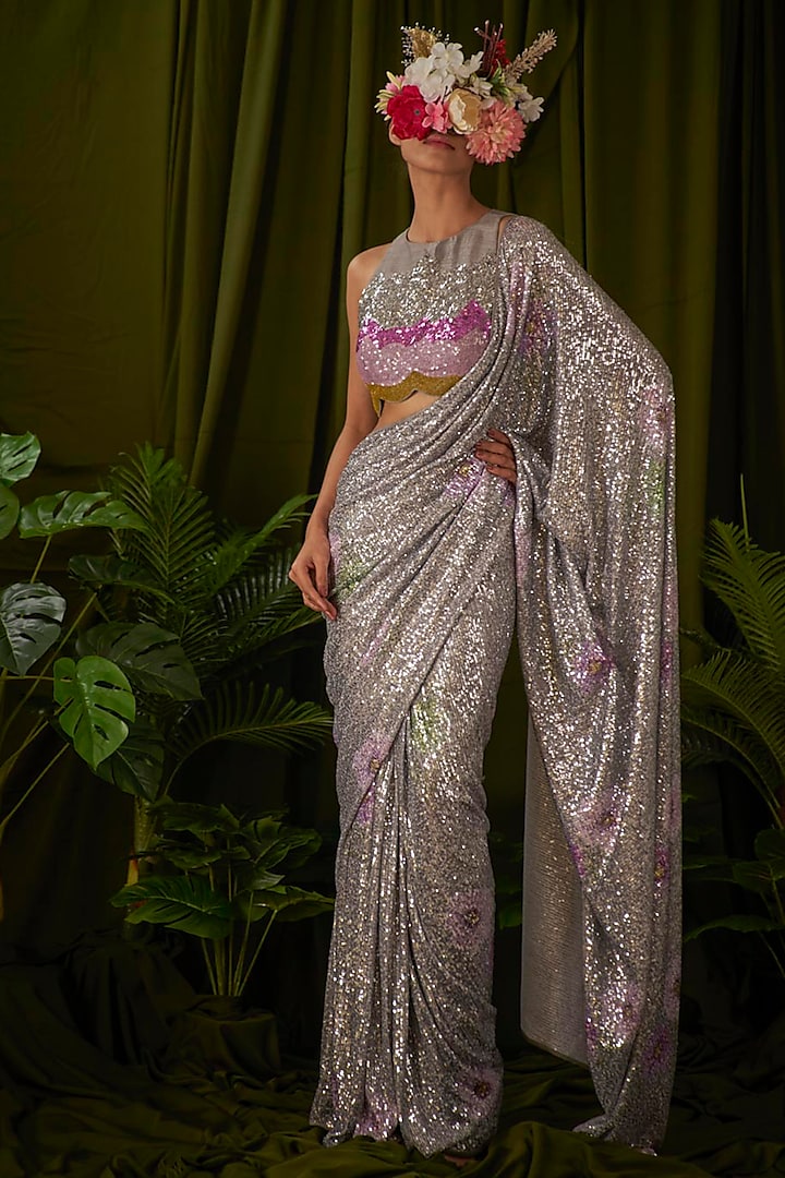 Silver Sequins Floral Printed Pre-Stitched Saree by Pooja Bagaria