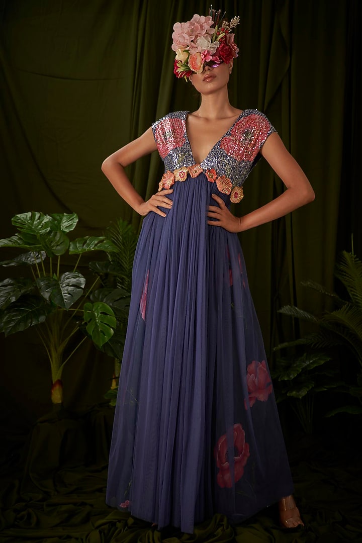 Navy Blue Tulle Embroidered & Printed Gown Design by Pooja Bagaria at