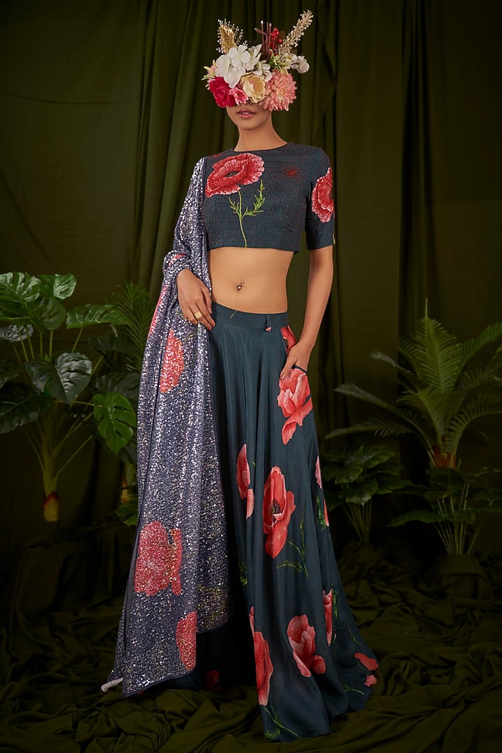 Navy Blue Upada Silk Printed Skirt by Pooja Bagaria at Pernia's Pop Up Shop