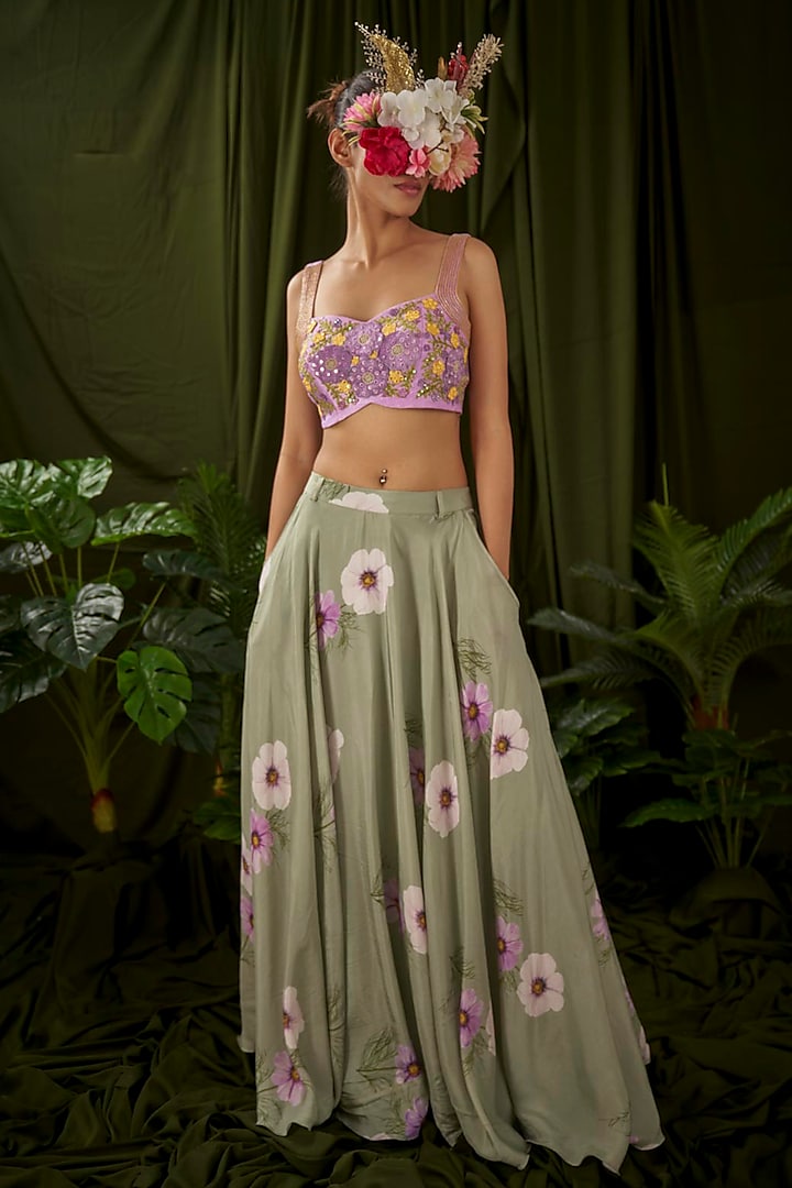 Sage Green Upada Silk Printed Skirt by Pooja Bagaria