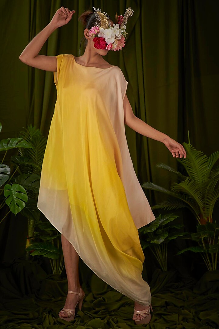 Ombre Yellow Upada Silk Draped Dress by Pooja Bagaria