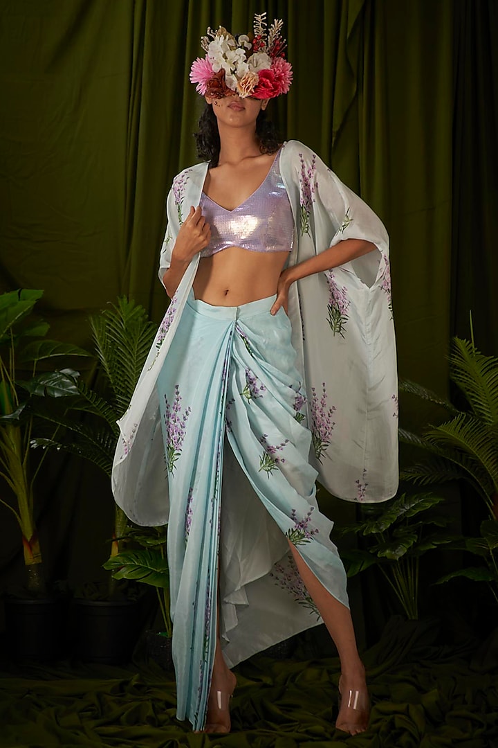 Light Blue Upada Silk Printed Draped Skirt Set by Pooja Bagaria