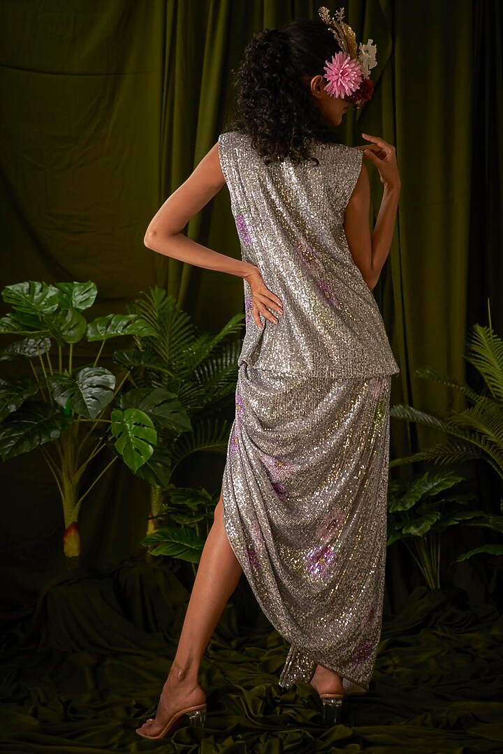 Silver Sequins FLoral Printed Draped Skirt Set by Pooja Bagaria at Pernia's Pop Up Shop