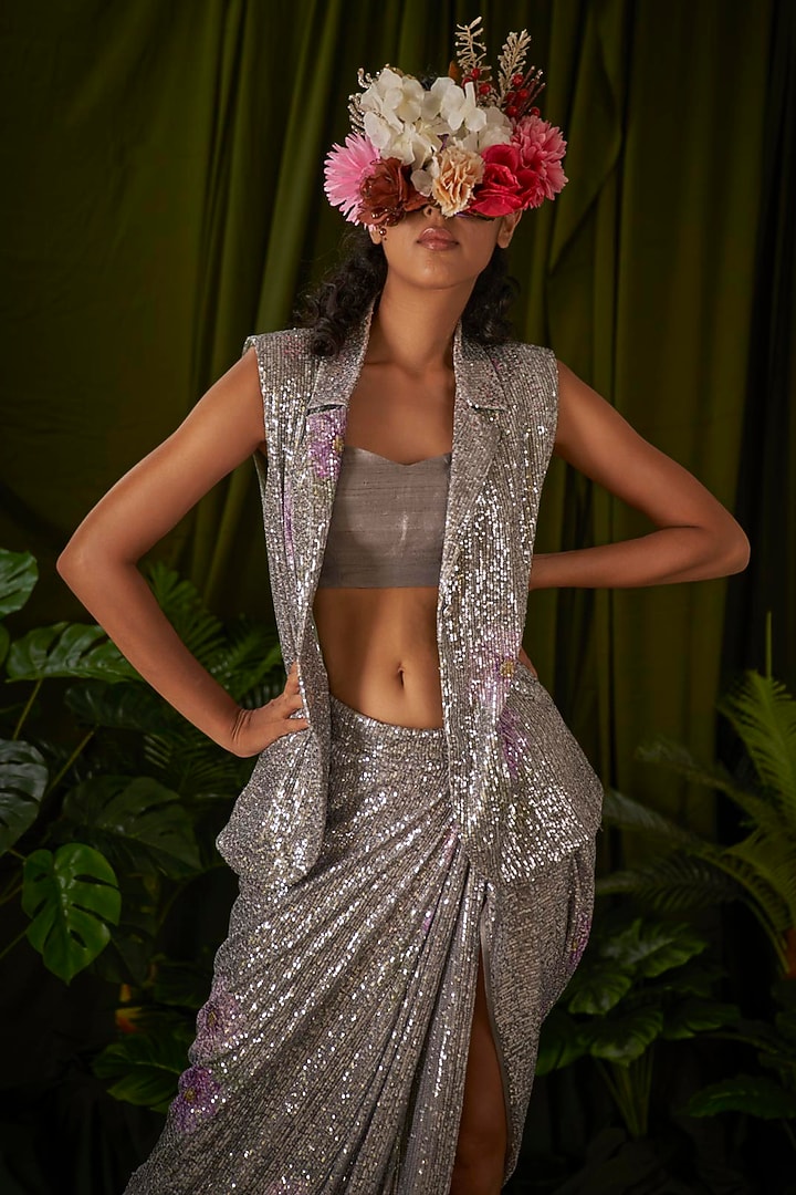 Silver Sequins FLoral Printed Draped Skirt Set by Pooja Bagaria at Pernia's Pop Up Shop