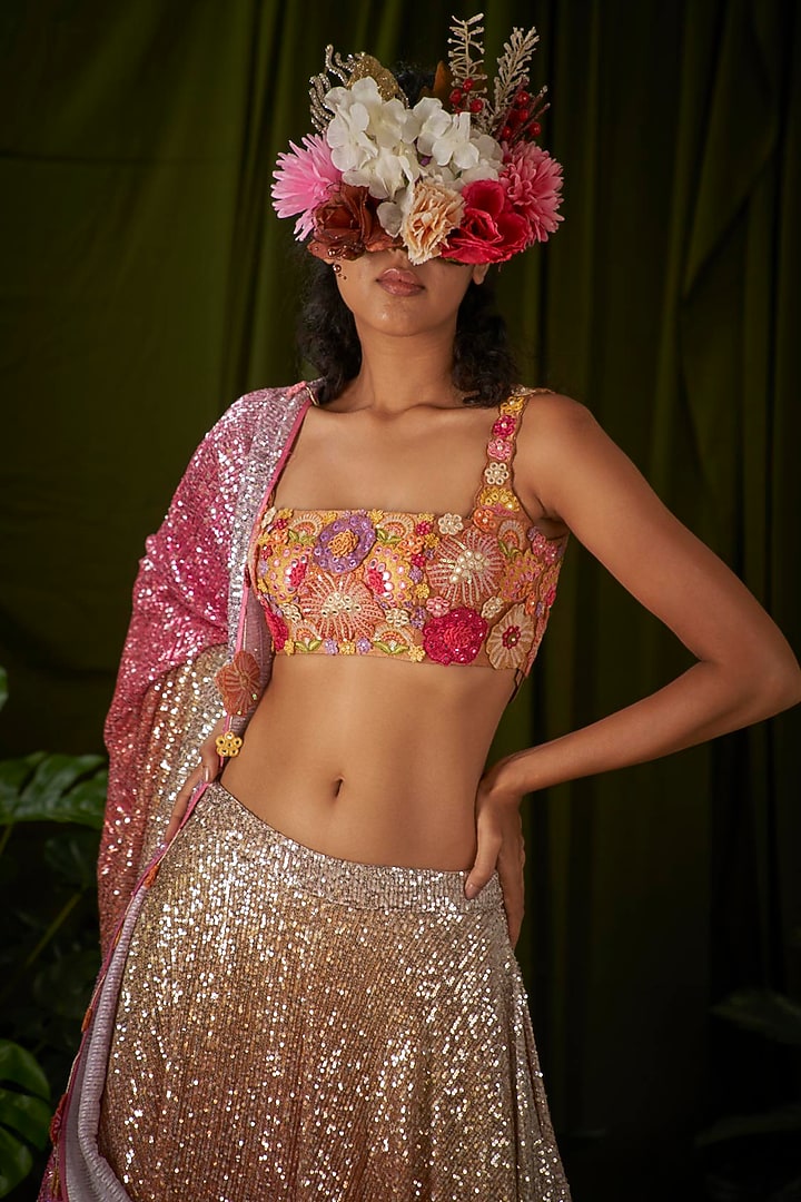 Red & Orange Raw Silk Embellished Blouse by Pooja Bagaria at Pernia's Pop Up Shop