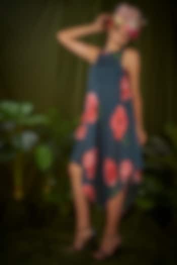 Navy Blue Upada Silk Printed Handkerchief Summer Dress by Pooja Bagaria at Pernia's Pop Up Shop