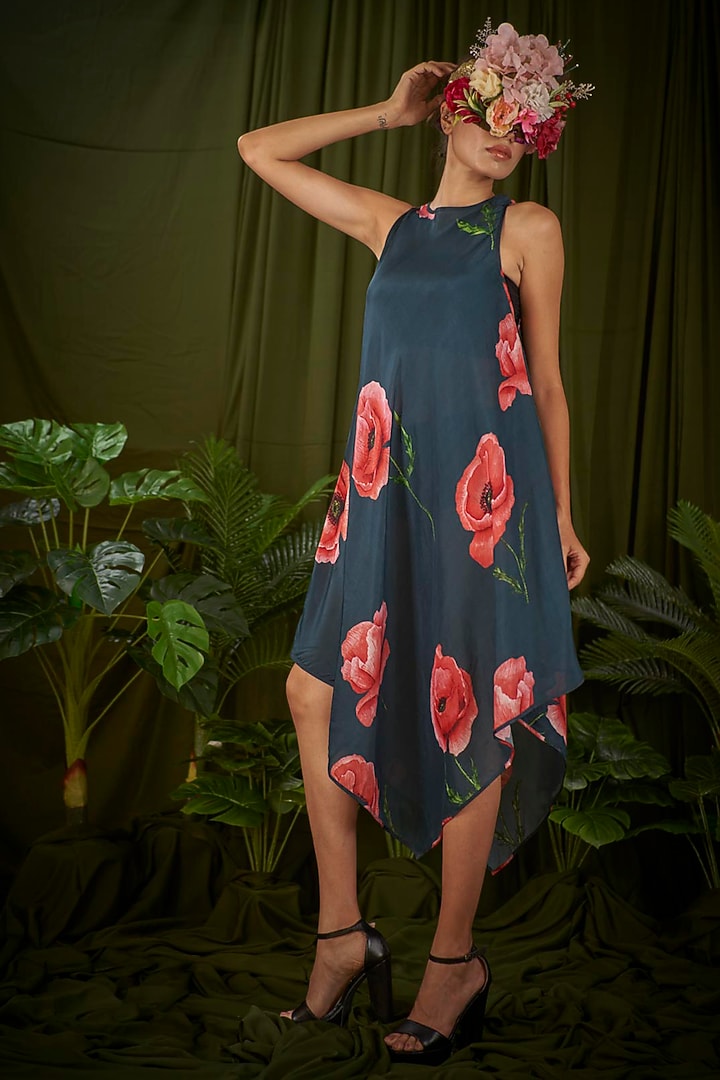 Navy Blue Upada Silk Printed Handkerchief Summer Dress by Pooja Bagaria at Pernia's Pop Up Shop