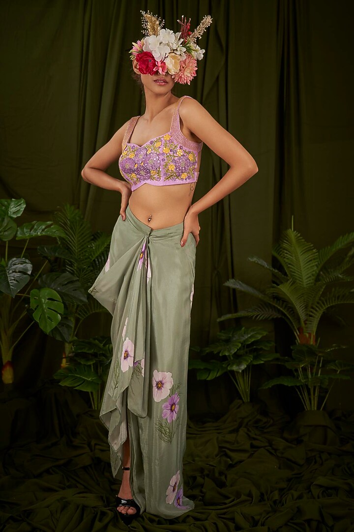 Grey Upada Silk Printed Skirt Set by Pooja Bagaria at Pernia's Pop Up Shop