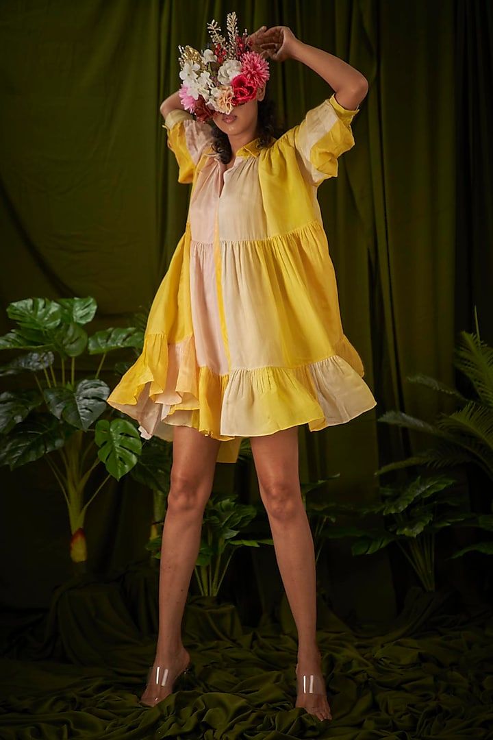 Yellow Upada Silk Layered Dress by Pooja Bagaria