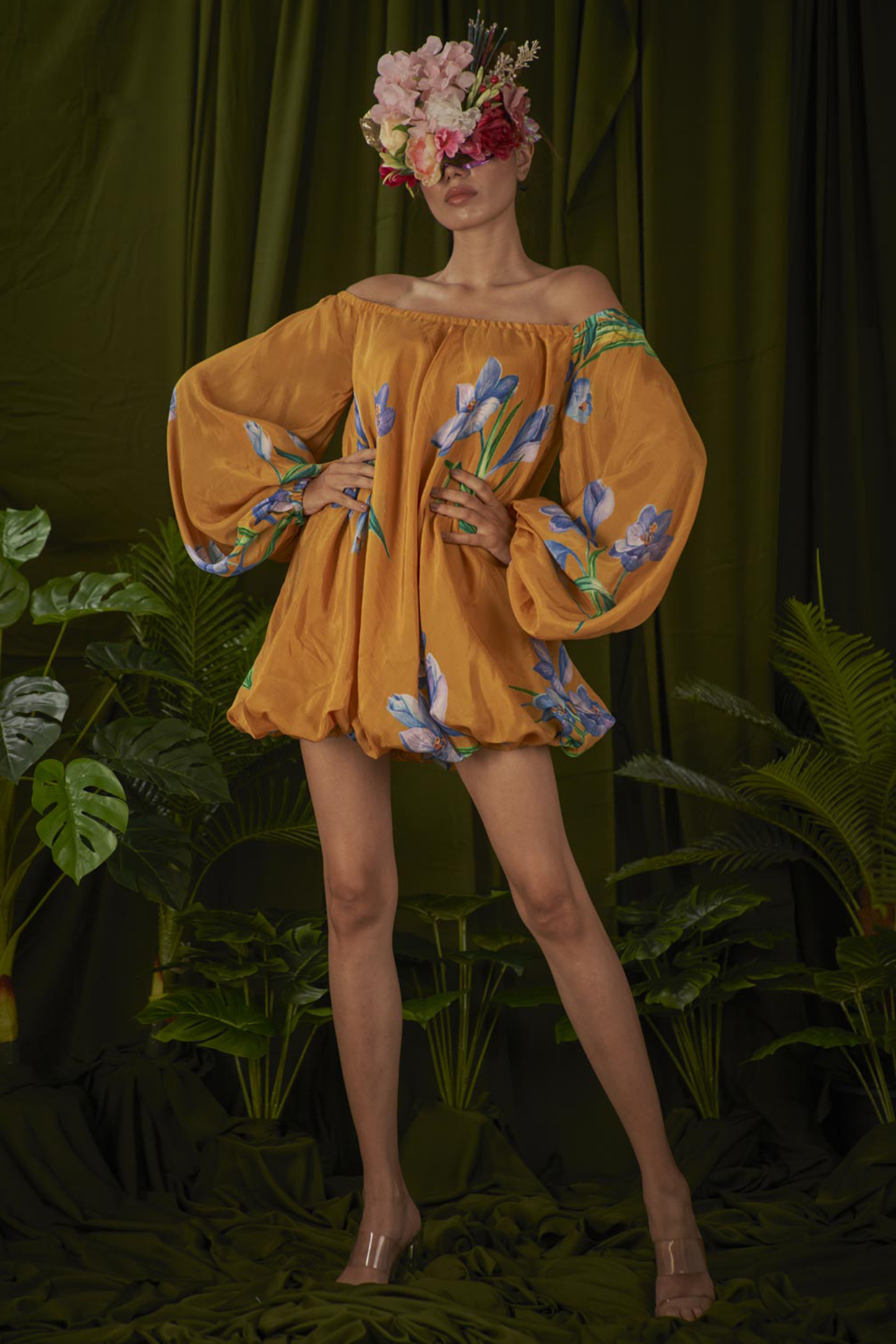 Mustard Upada Silk Off-Shoulder Dress by Pooja Bagaria