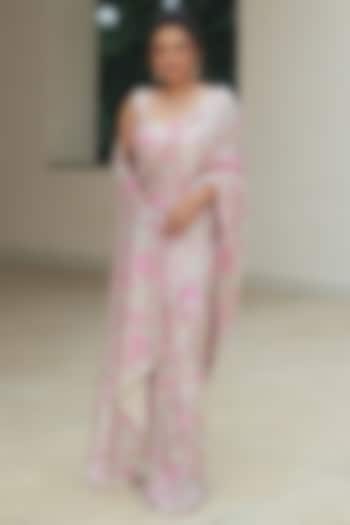 Silver & Fuchsia Pink Sequin Mesh Embroidered Pre-Stitched Wedding Saree Set by Pooja Bagaria at Pernia's Pop Up Shop