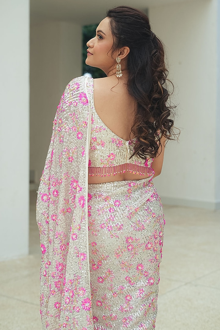 Silver & Fuchsia Pink Sequin Mesh Embroidered Pre-Stitched Wedding Saree Set by Pooja Bagaria at Pernia's Pop Up Shop