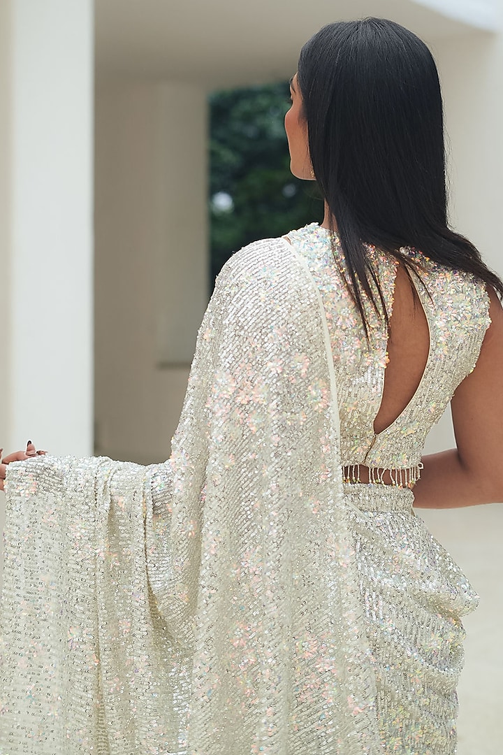 Silver Sequin Mesh Embroidered Pre-Stitched Wedding Saree Set by Pooja Bagaria at Pernia's Pop Up Shop