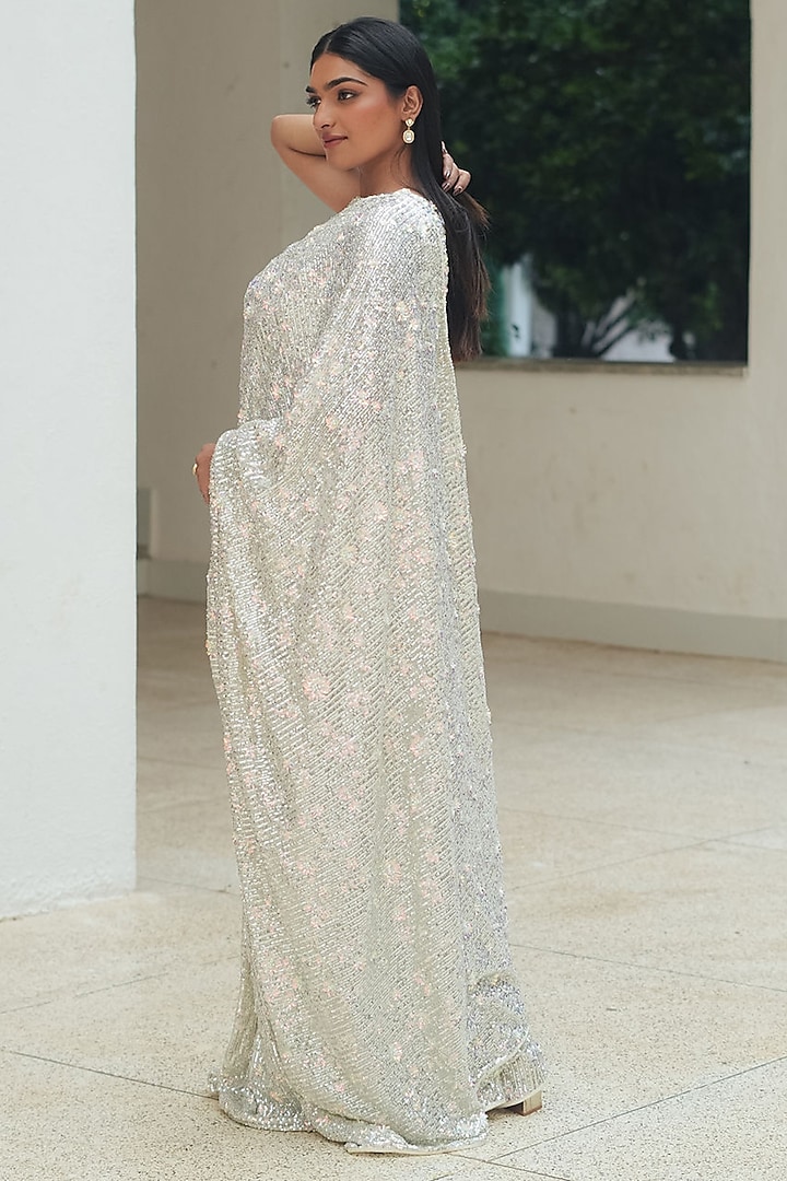 Silver Sequin Mesh Embroidered Pre-Stitched Wedding Saree Set by Pooja Bagaria at Pernia's Pop Up Shop