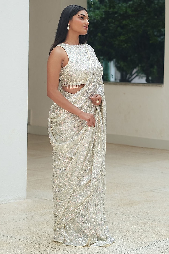 Silver Sequin Mesh Embroidered Pre-Stitched Wedding Saree Set by Pooja Bagaria at Pernia's Pop Up Shop