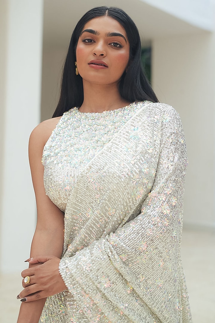 Silver Sequin Mesh Embroidered Pre-Stitched Wedding Saree Set by Pooja Bagaria at Pernia's Pop Up Shop