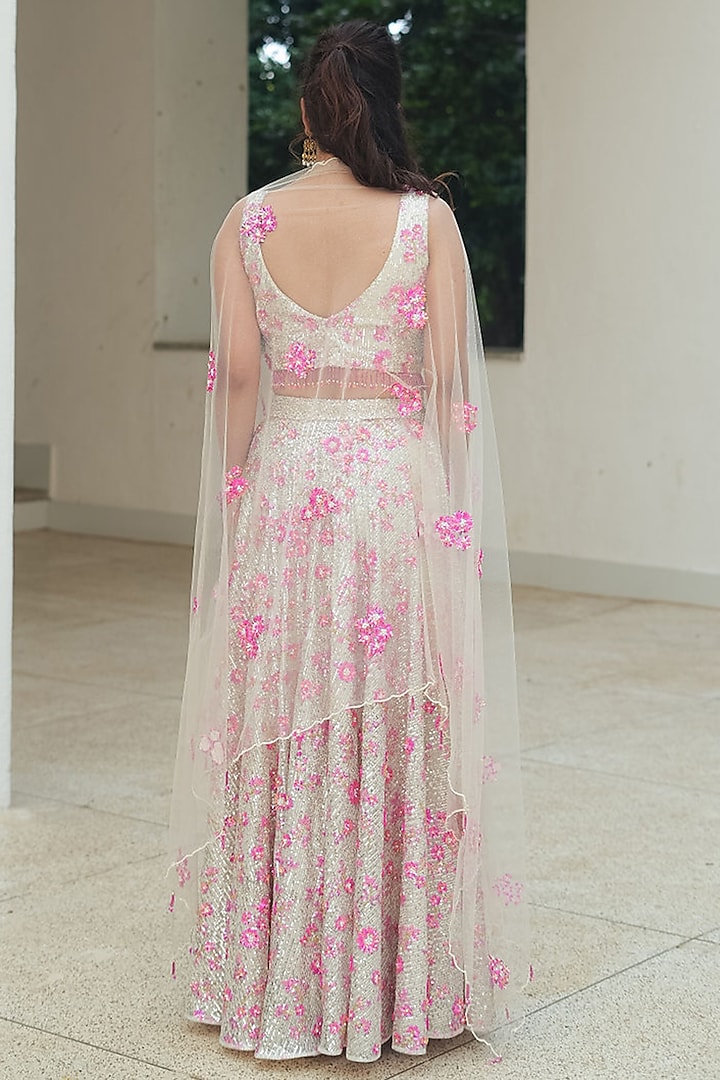 Silver & Fuchsia Pink Sequin Mesh Embroidered Wedding Lehenga Set by Pooja Bagaria at Pernia's Pop Up Shop