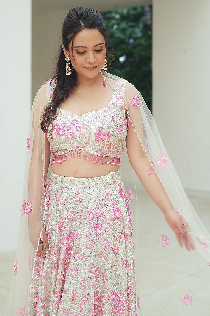 Silver & Fuchsia Pink Sequin Mesh Embroidered Wedding Lehenga Set by Pooja Bagaria at Pernia's Pop Up Shop