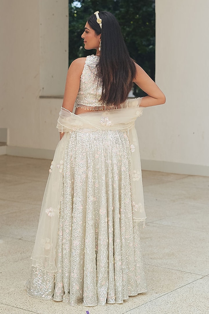 Silver Sequin Mesh Embroidered Wedding Lehenga Set by Pooja Bagaria at Pernia's Pop Up Shop