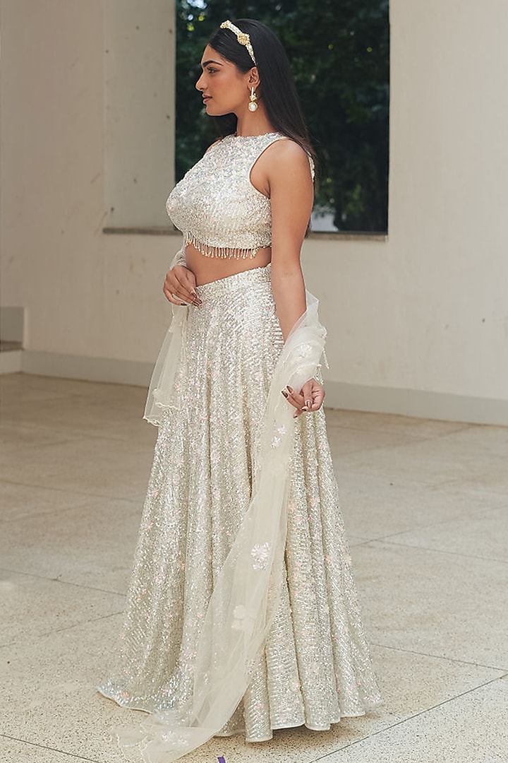 Silver Sequin Mesh Embroidered Wedding Lehenga Set by Pooja Bagaria at Pernia's Pop Up Shop