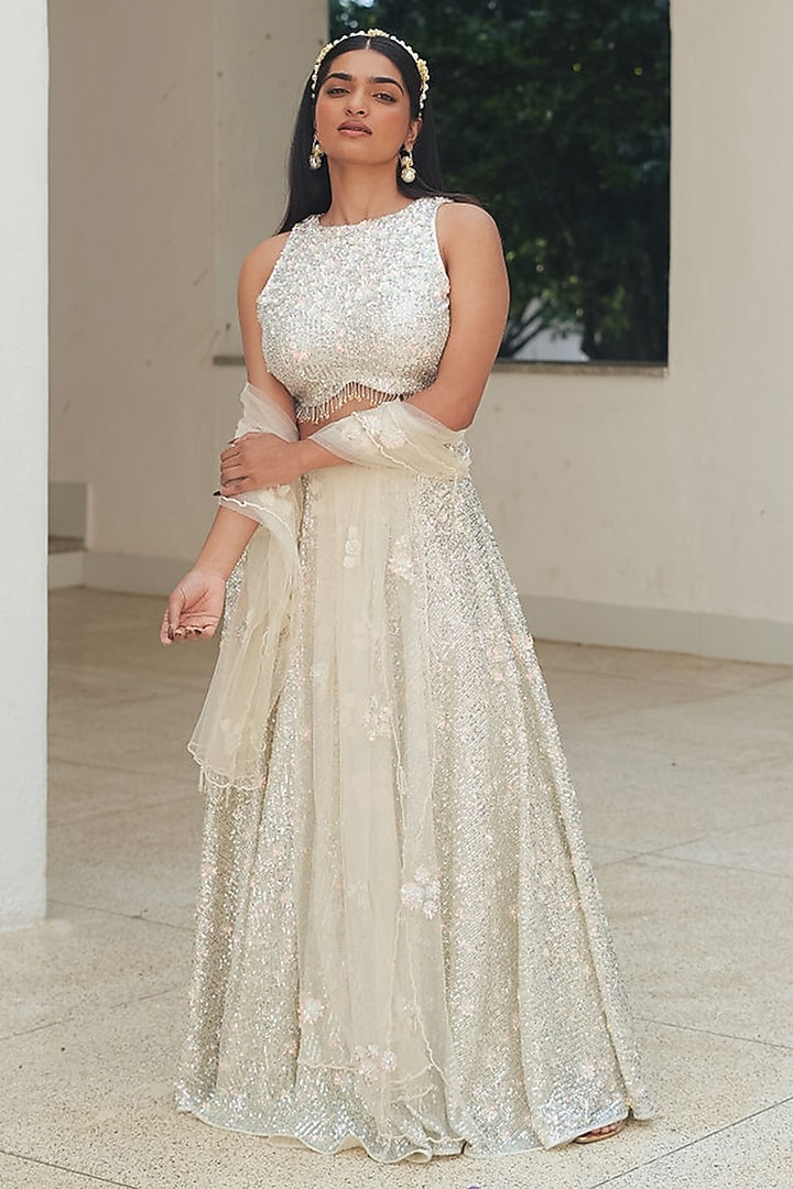 Silver Sequin Mesh Embroidered Wedding Lehenga Set by Pooja Bagaria at Pernia's Pop Up Shop