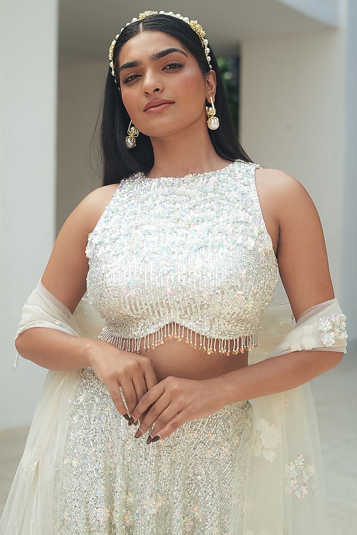 Silver Sequin Mesh Embroidered Wedding Lehenga Set by Pooja Bagaria at Pernia's Pop Up Shop