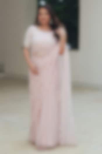 Pastel Pink Sequin Chantilly & Net Hand Embroidered Wedding Lehenga Saree Set by Pooja Bagaria at Pernia's Pop Up Shop