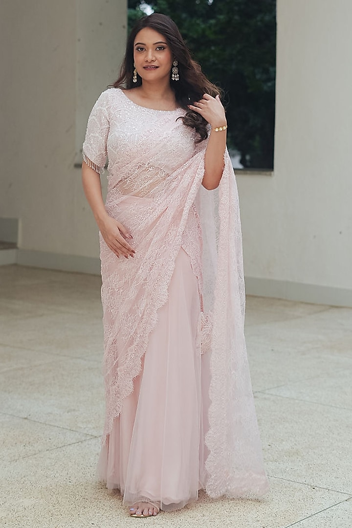 Pastel Pink Sequin Chantilly & Net Hand Embroidered Wedding Lehenga Saree Set by Pooja Bagaria at Pernia's Pop Up Shop