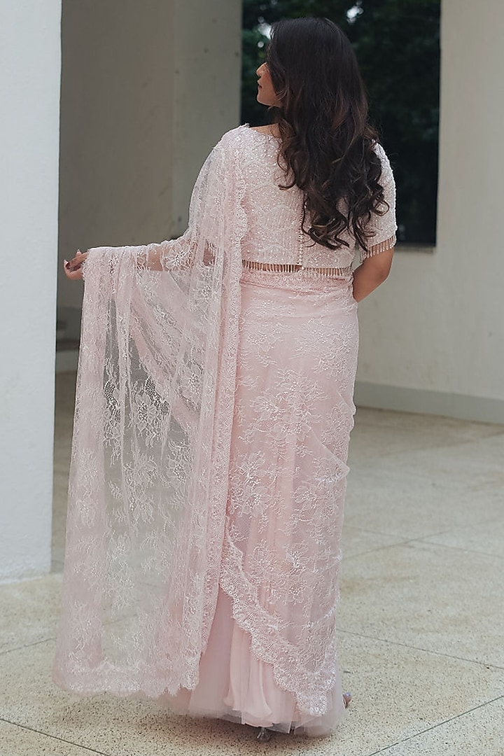 Pastel Pink Sequin Chantilly & Net Hand Embroidered Wedding Lehenga Saree Set by Pooja Bagaria at Pernia's Pop Up Shop