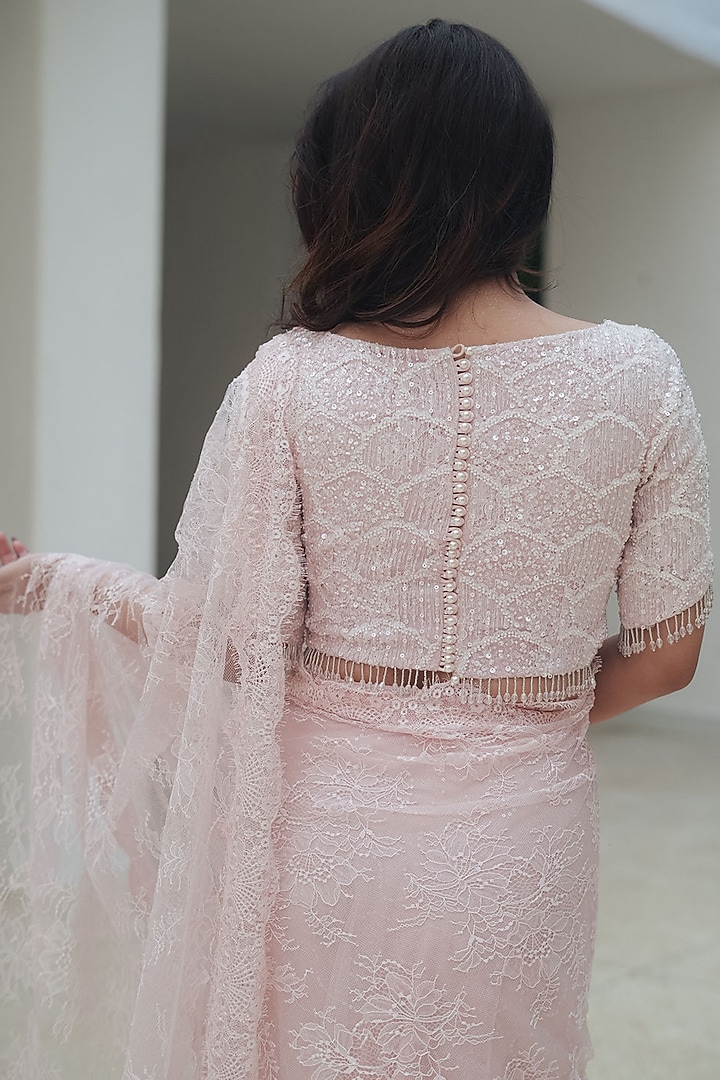 Pastel Pink Sequin Chantilly & Net Hand Embroidered Wedding Lehenga Saree Set by Pooja Bagaria at Pernia's Pop Up Shop