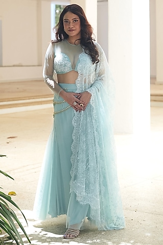 Powder Blue Sequin Chantilly & Net Hand Embroidered Lehenga Saree Set by Pooja Bagaria