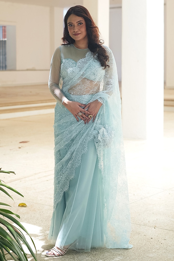 Powder Blue Sequin Chantilly & Net Hand Embroidered Wedding Lehenga Saree Set by Pooja Bagaria at Pernia's Pop Up Shop