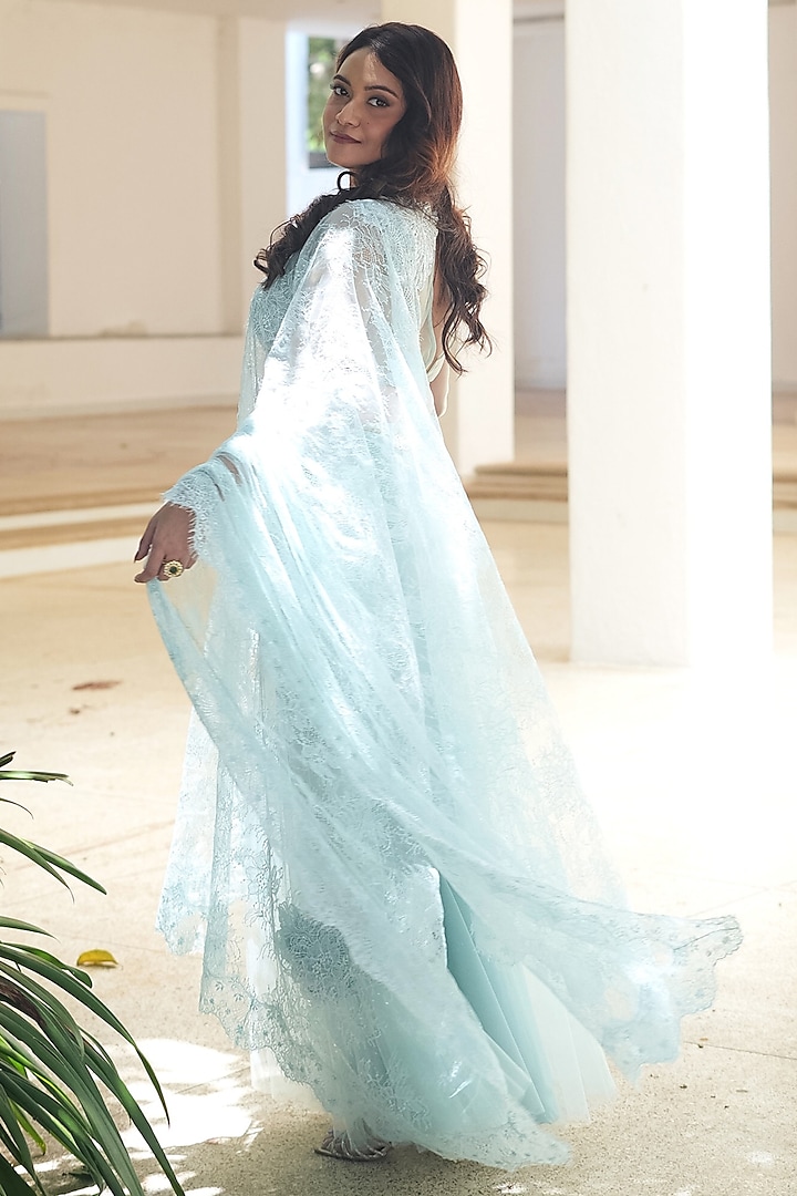 Powder Blue Sequin Chantilly & Net Hand Embroidered Wedding Lehenga Saree Set by Pooja Bagaria at Pernia's Pop Up Shop