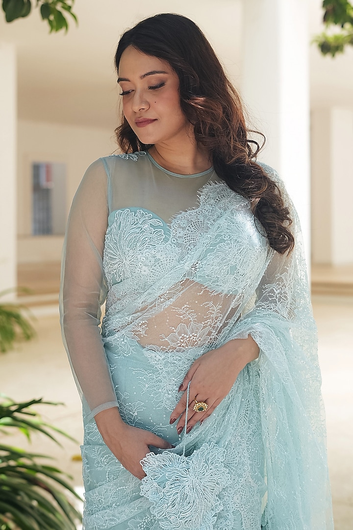 Powder Blue Sequin Chantilly & Net Hand Embroidered Wedding Lehenga Saree Set by Pooja Bagaria at Pernia's Pop Up Shop