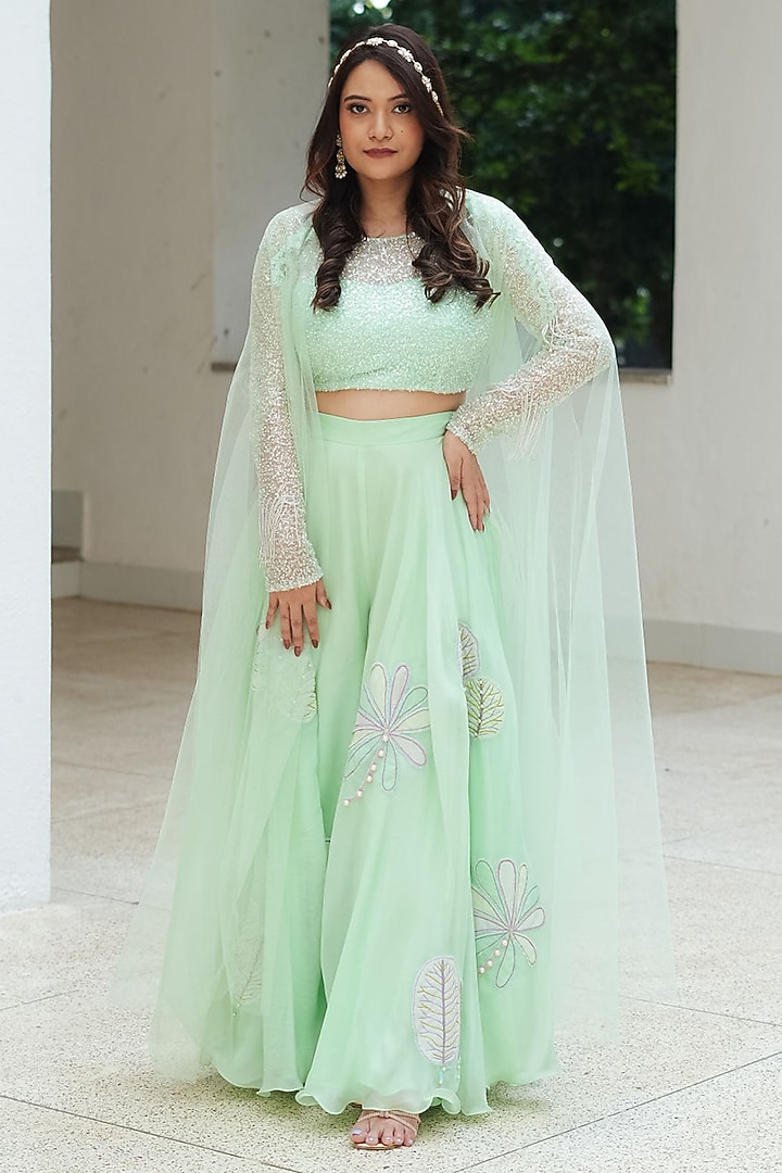 Pastel Green Natural Organza Floral Applique Palazzo Pant Set by Pooja Bagaria at Pernia's Pop Up Shop